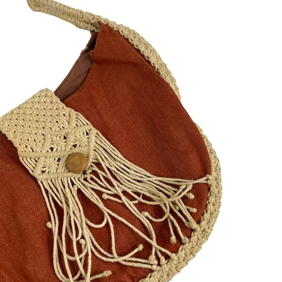 Vintage Boho Hippy Hemp Braided Hemp Wooden Button Flap Close Bag Purse Sack 70s - Picture 8 of 16